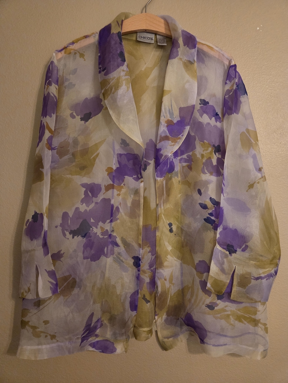 CHICO'S Vintage Purple Green 100% Silk Floral Sheer Open Front Blouse Size XL